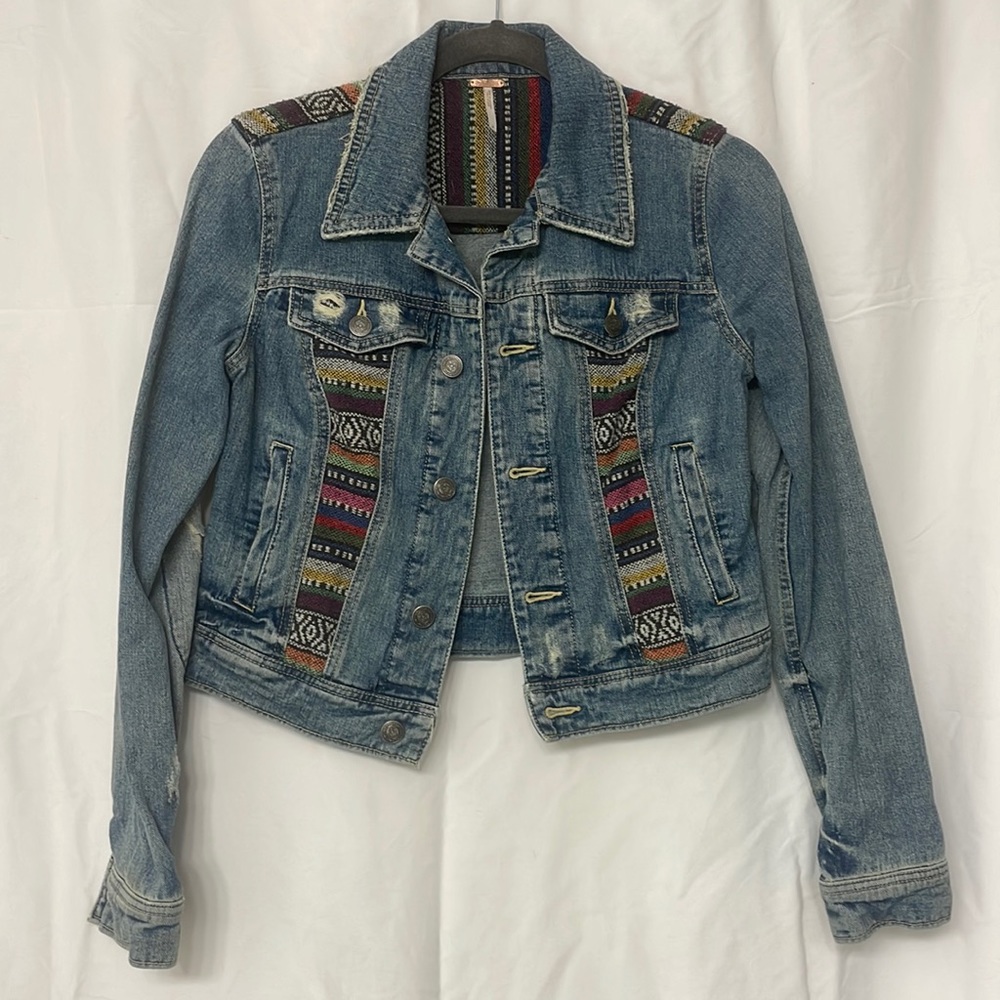 Free People Light Blue Denim Jacket with Multicolor Southwestern Panels